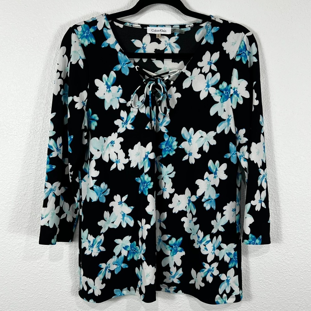 Calvin‎ Klein Top Blouse Floral Neck Tie 3/4 Sleeve Casual Business Women's M